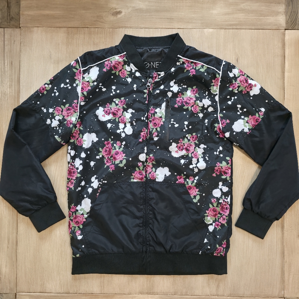 G-NET Floral Bomber Jacket Black Pink Roses Zip Up Size M